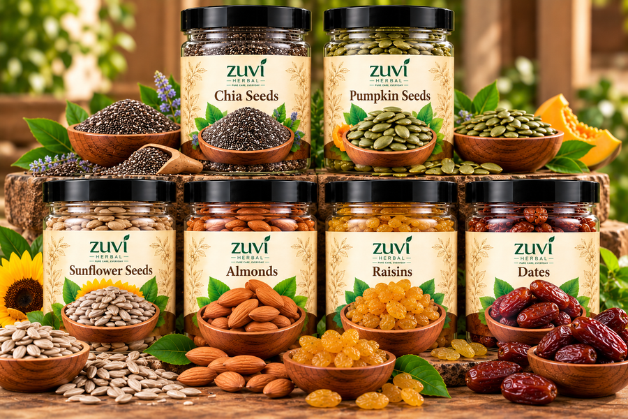 Seeds & Dry Fruits Combo - Chia Seeds | Pumpkin Seeds | Sunflower Seeds | Almonds | Raisins | Dates