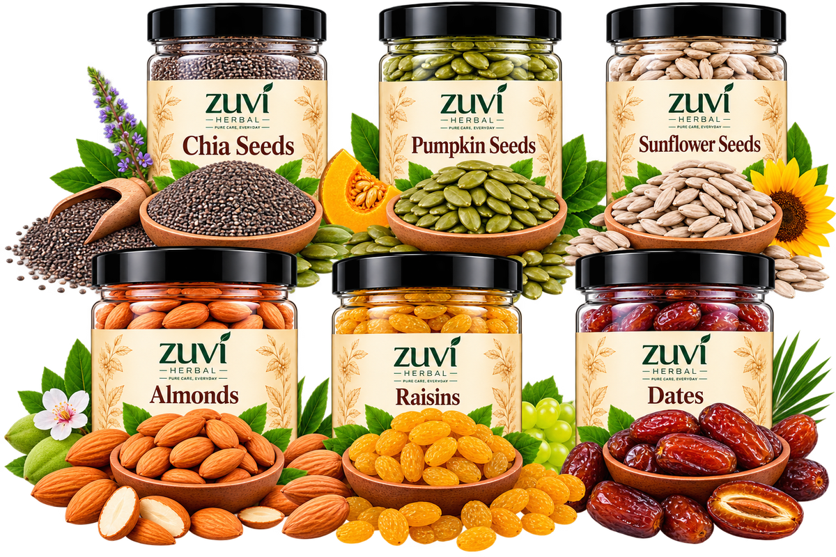 Seeds & Dry Fruits Combo - Chia Seeds | Pumpkin Seeds | Sunflower Seeds | Almonds | Raisins | Dates