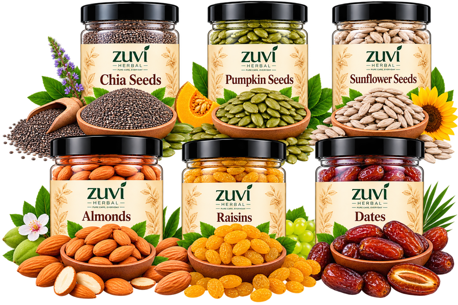 Seeds & Dry Fruits Combo - Chia Seeds | Pumpkin Seeds | Sunflower Seeds | Almonds | Raisins | Dates